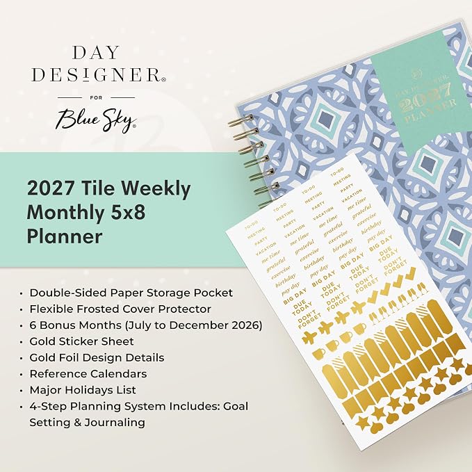 Blue Sky Day Designer 2027 Weekly and Monthly Planner Calendar, January 2027 - December 2027, 5" x 8", Flexible Cover, Durable Twin Wire Binding, Storage Pocket, Includes Stickers, Tile