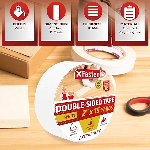 XFasten Extra Sticky Double-Sided Tape, White, 2-inch x 15-Yard, Extreme Bonding for Anti-Scratch Cat Training Tape, Rug to Carpet Anti Slip Gripper Tape, and Woodworking