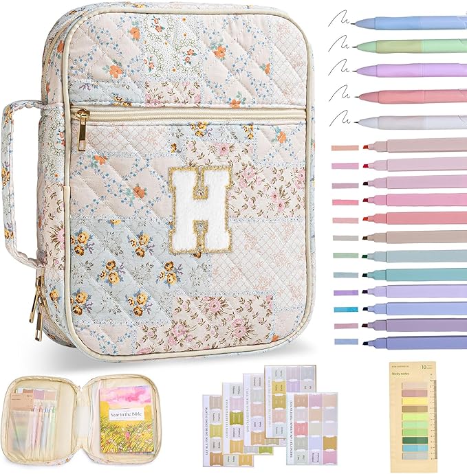 Initial Bible Cover Case for Women Girls Kid Large Bible Cover with Durable Handle Quilted Bible Carrying Case for Girls Bible Study Supplies Accessories (Spliced Flower H, one Size)