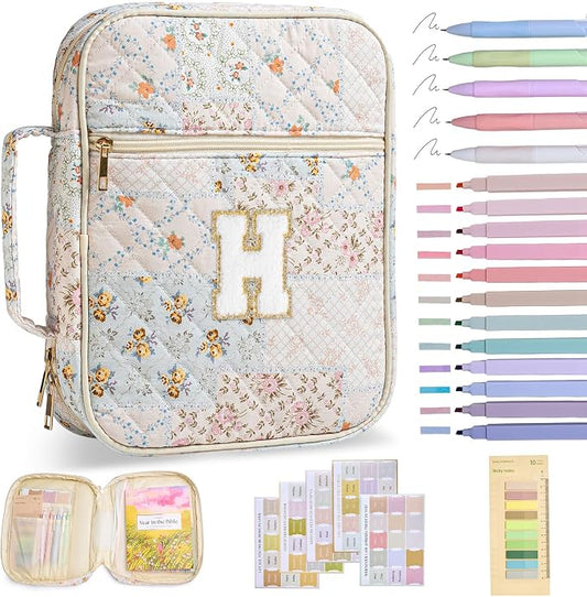 Nayno Initial Bible Cover Case for Women Girls Kid Large Bible Cover with Durable Handle Quilted Bible Carrying Case for Girls Bible Study Supplies Accessories (Spliced Flower H, one size)