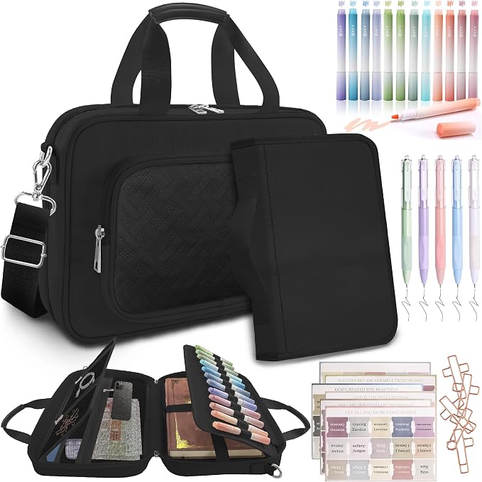 Large Bible Cover Case for Mens Boys Women Organizer, Church Bag Book Carrying Case with Highlighters Shoulder Strap Pens Cross Clip Study Supplies Journaling Kit, Christian Gifts Black