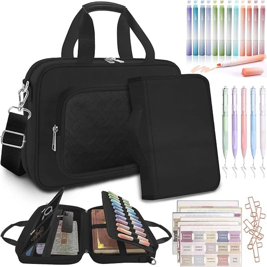 Large Bible Cover Case for Mens Boys Women Organizer, Church Bag Book Carrying Case with Highlighters Shoulder Strap Pens Cross Clip Study Supplies Journaling Kit, Christian Gifts Black