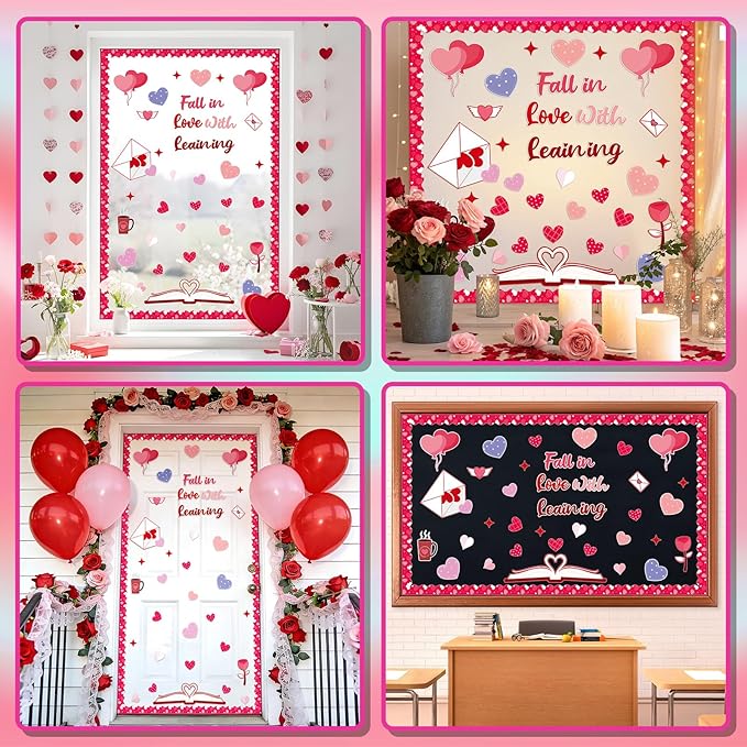83Pcs Valentine's Day Red Heart Bulletin Board Decoration Set February Fall in Love with Learning Theme Cutouts for Classroom Pink Red Heart Church School Home Chalkboard Wall Door Party Decor