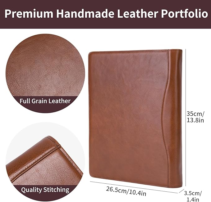 Genuine Leather 3 Ring Binder, 8.5 x 11 Letter Size Folio with Pen Holder, Soft Notebook Portfolio Cover, Slim Notepad Padfolio Thin File Organizer for Work Executive Meeting, Brown, Oil Tanned