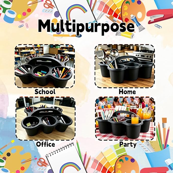 6 Pack Classroom Caddy Organizer with Handle Black Plastic Table Caddy 6 Compartments Storage Cup Holder for School Supplies Art Crafts Crayons Pencils Stackable Desk Caddy for Office Home