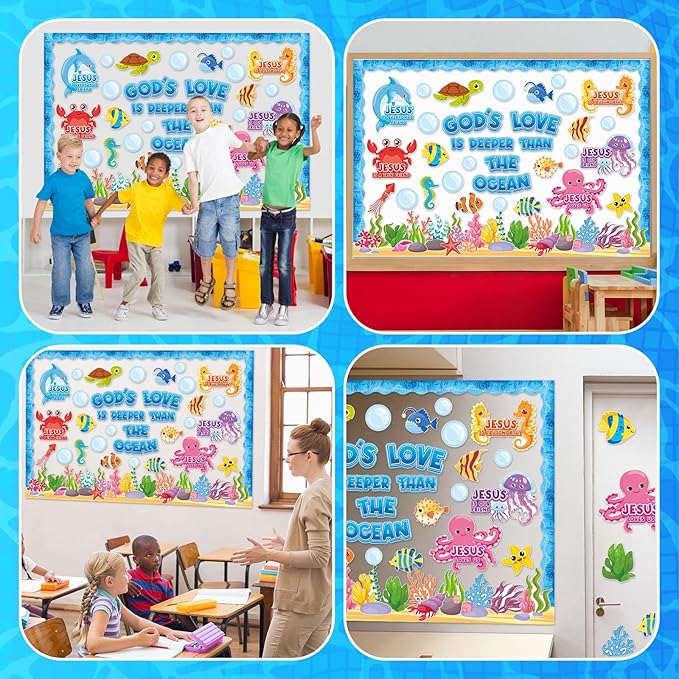 Dispowreath 74 Pcs Under the Sea Bulletin Board Set Jesus Christian Classroom Decoration Ocean Creatures Bulletin Board Cutouts for Religious Sea Animal Classroom Sunday School Decoration