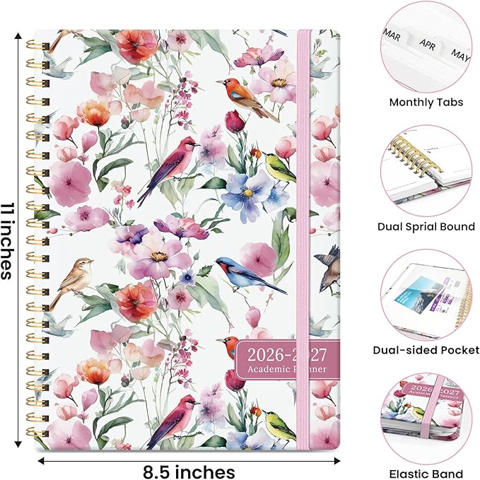 Planner 2026-2027, Monthly and Weekly Academic Planner July 2026 - June 2027, Hardcover Student Teacher Planning Agenda Calendar Book with Tabs, Perfect for Office School Supplies, A4 (8.5" x 11") - Songbird Bloom