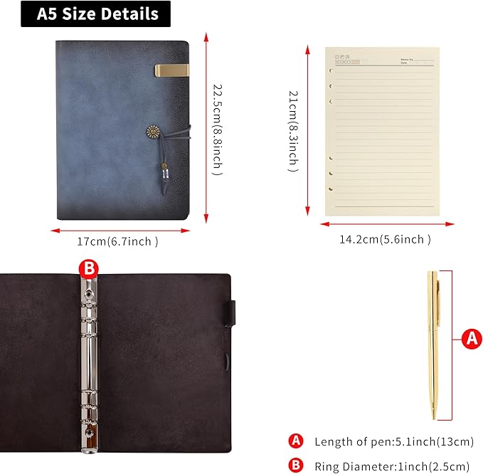 Wonderpool Leather Journal Lined Paper Notebook & Pen - Refillable 6 Ring Binder Writing Spiral Diary with Ruled Notepads Vintage Cover for Office Travel Work and Plan Agenda (A5, a-Mist blue)