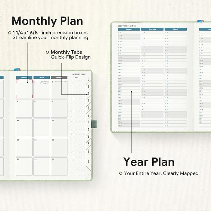 Planner 2026-2027 Weekly & Monthly Planner with Hourly Time Slots, 18 Month Academic Calendar July 2026 – Dec 2027, Vertical Layout, Monthly Tabs, Textured Fabric Hardcover, Green
