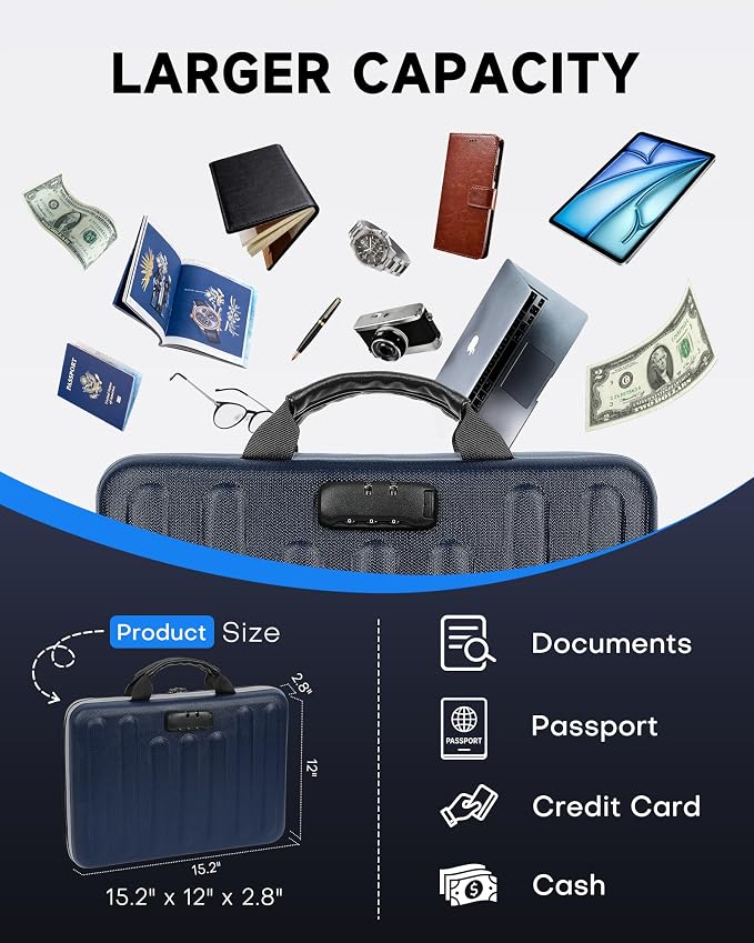 DOZAWA Fireproof Document Box, Hard Case Document Organizer with Lock, 13 Pockets Accordion File Folder with Reflective Strip, Waterproof Safe Box for Important Documents & Valuables Storage, Deepblue