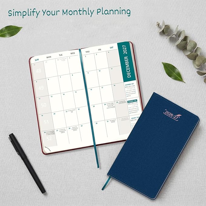 BEZEND Pocket Monthly Planner 2026 2027 Extra Thin & Light (Slim 3.5" x 6.5"), 18-Month Academic Mini Calendar (Jul 26 - Dec 27), Ideal for Students & Professionals, PU Leather Softcover - Beige