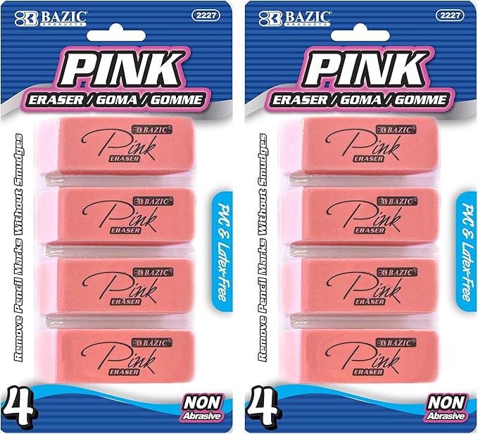 BAZIC Products Pink Eraser, Latex Free Bevel Block Erasers, Large Size for Classroom, Office, and Art Use, Smooth Pencil Correction for Writing, Sketching, & Daily Tasks, 4/Pack, 2-Pack