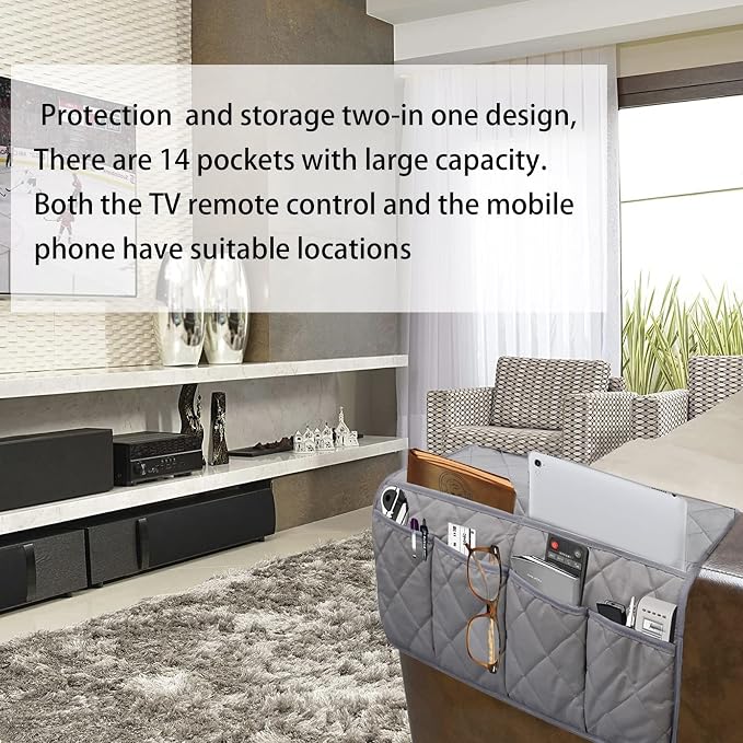 Armchair Caddy,Non Slip Sofa Armrest Organizer, Couch Armrest Remote Control Holder,Waterproof Recliner Arm Caddy with 14 Pockets for Cell Phone TV Remote Control