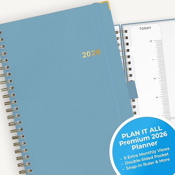 Blue Sky 2026 Weekly and Monthly Planner Calendar, January 2026 - December 2026, 5" x 8", Faux Leather Cover, Durable Twin Wire Binding, Storage Pocket, Laminated Tabs, Includes Pen Loop, Bungee, Ruler, Blue Haze