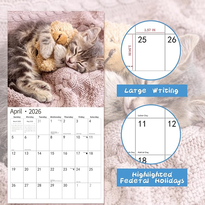 2026 Wall Calendar,Calendar 2026, November 2025 - December 2026, Wall Calendar Cat Kitten, 12" X 24" Opened,Full Page Months Thick & Sturdy Paper for Calendar Organizing & Planning