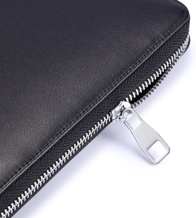 Leather Junior Padfolio for Men & Women with Pen Loop, Italian Calfskin, Business Portfolio Notebook Folder (Zippered Black)