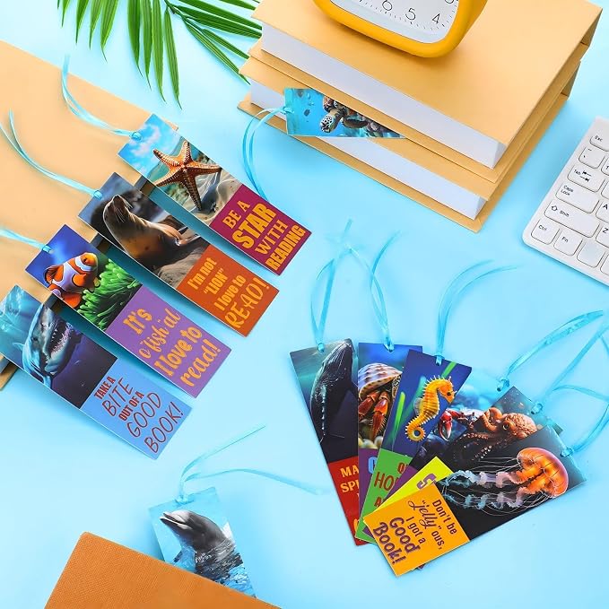 PerKoop 60 Pieces Realistic Ocean Bookmarks with Ribbon Bulk for Reading with Cute Sea Animals Encouragement Bookmarks for Students School Party Rewards Gifts
