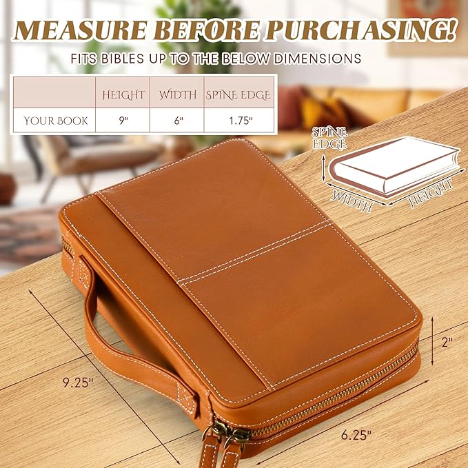 Top Grain Leather Bible Cover for Men Women Buffalo Genuine Leather Bible Case Book Holder Bag with Zipper Handle Back Pocket Bookmark Father's Day Religious Gift(Light Brown,Medium,Classic)