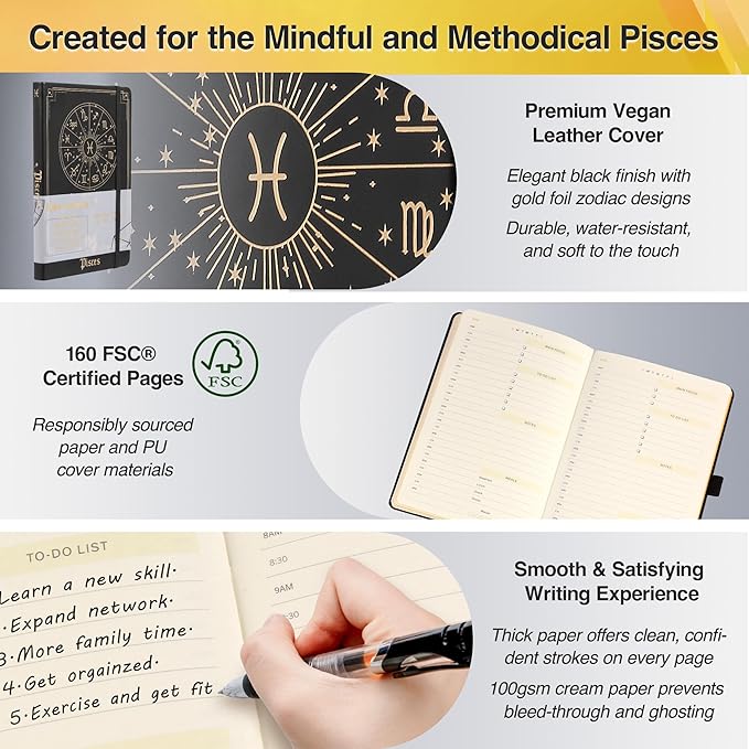 AuroPlanner Pisces Zodiac Undated Planner – Monthly Weekly Daily Astrology Portable Journal Notebook, A5 (5.8” × 8.3”), 160 Pages 4-Month Layout, 100 GSM Paper