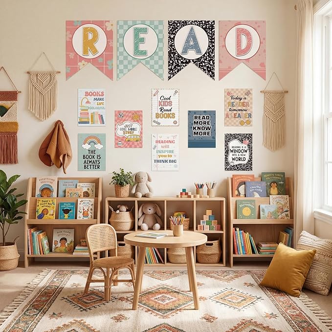 Reading Classroom Decorations Library Posters Bulletin Board Sets for Elementary Classroom Pennants Decor for Back to School Nursery Library Teacher Supplies(Bohemian Colors)