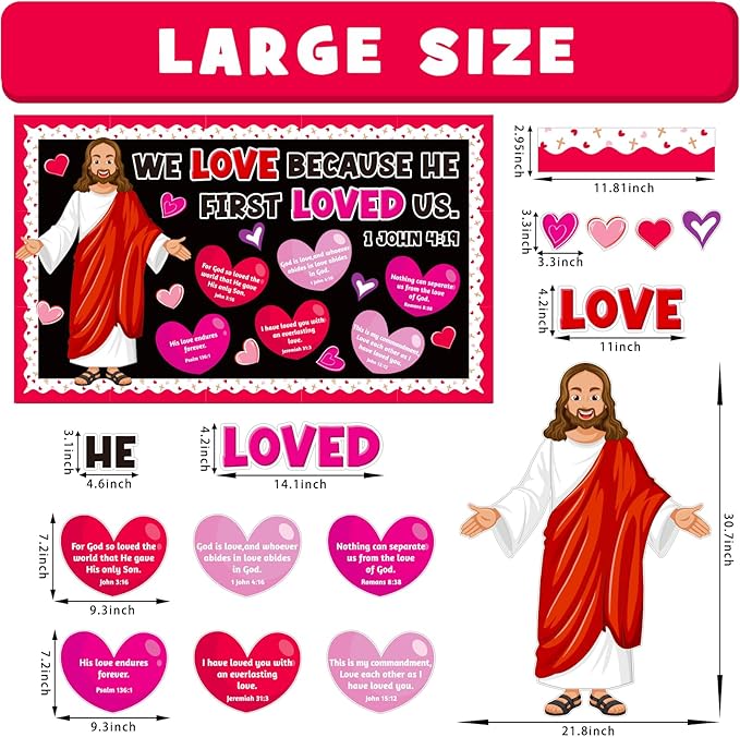 Valentine's Day Religious Bulletin Board Decoration Set, Valentines Day Christian Love God Classroom Decorations Jesus Lord Heart Cutouts Church Library School Home Window Wall Door Decor for Teacher