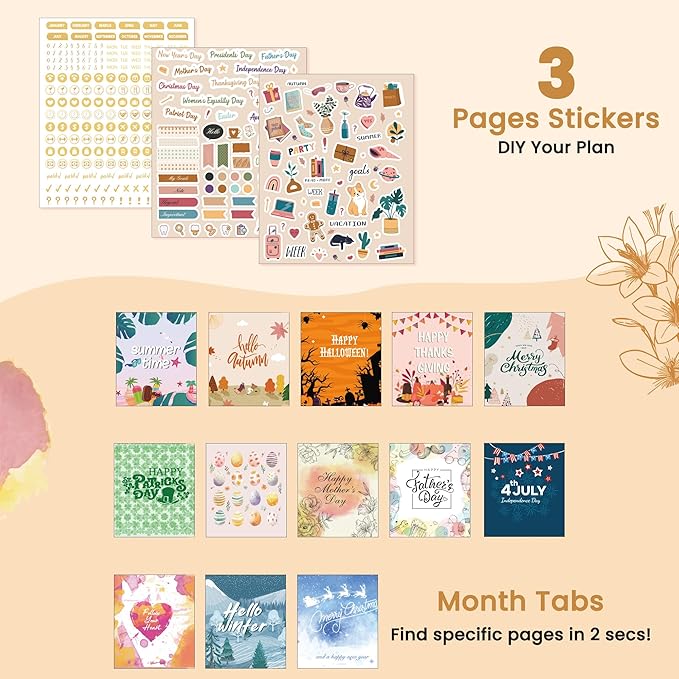 CAGIE 2026 Planner Weekly and Monthly — January - December 2026 Calendar, Hardcover Spiral Bound, 13 Monthly Dividers Tabs, Stickers, 8.3 x 9.3 Inch, Women Floral Planner Agenda For Work, Family Affiar, Personal