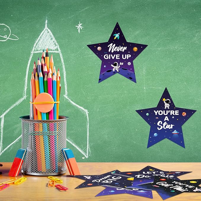 Pajean 48 Pcs Star Positive Bulletin Board Decoration Cutout Affirmation Station Classroom Bulletin Board 6 Inch Inspirational Classroom Decor Double Sided for Teacher Student Back to School(Space)