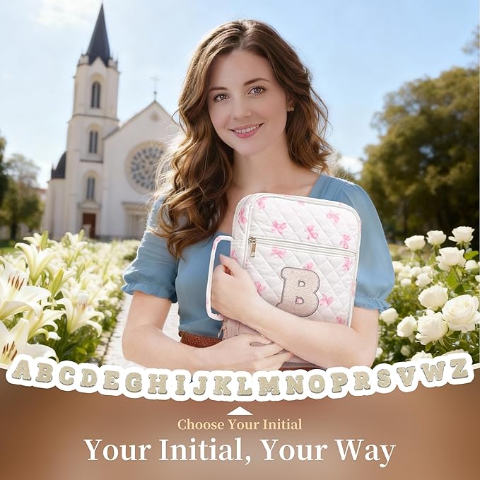Personalized Initial Bible Cover Case for Women – Large Quilted Bible Bag with Handle, Chenille Letter, Bible Study Kit, Christian Gift for Mom, Grandma & Daughter (Pink Bow-B)