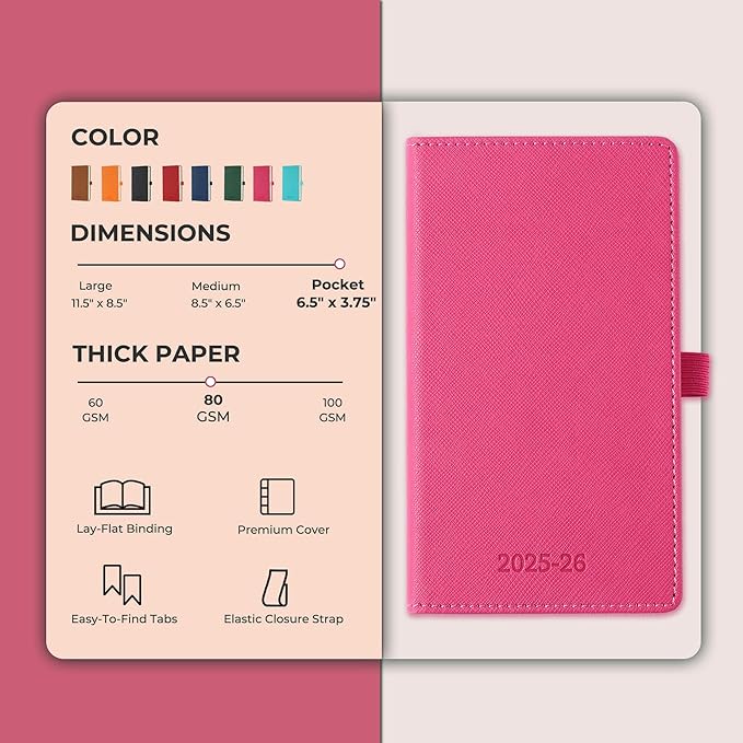Weekly Monthly 2025-2026 Planner (July 25-Dec 26),6.5"x3.75",18 Months Agenda Plan with Month Tabs & Pocket,Expenses/Note Pages, Academic Calendar with Vegan Leather Cover,Rose Red