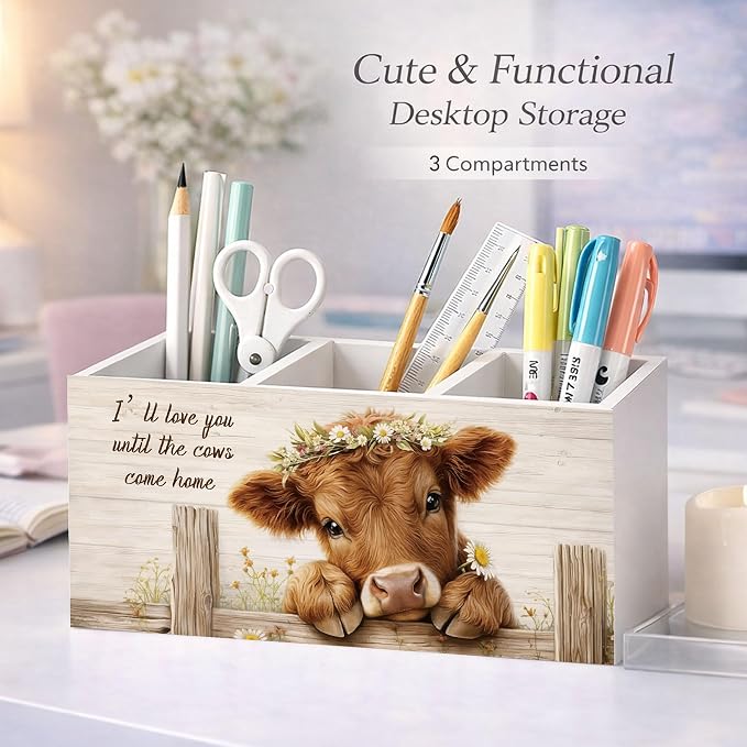Highland Cow Desk Organizer Wooden Pen Pencil Holder for Desk, 3 Compartments Farmhouse Office Desk Accessories, Cow Lover Gift Farm Animal Desk Decor for Home Office Table Storage
