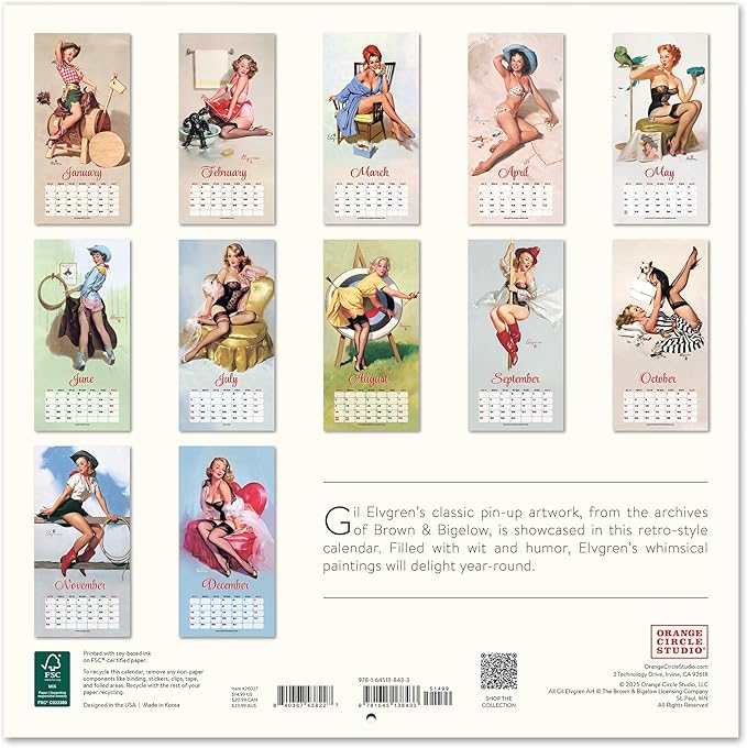 Orange Circle Studio Wall Calendar 2025-26, Pin-Up Girls, Large Monthly Planner, Hanging Organizer, Cute, Aesthetic Calendar Book for Home, Work or School Planning, Wall Calendars, 12” x 12”