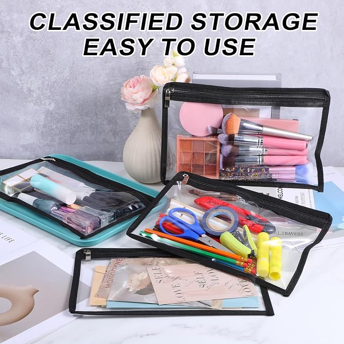 16 Pieces Clear Zipper Pouches Pencil Pouches PVC Makeup Pouch Envelopes Folder Storage Multi Purpose Pouch Document File Organization Bags, Office Supplies (Black Edging, 11.5 x 7.5 Inches)