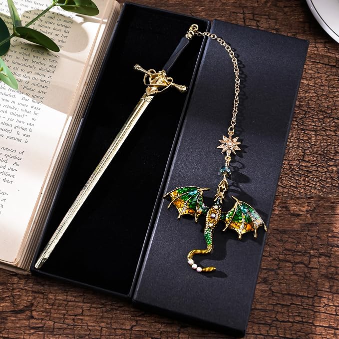 Fantasy Dragon Sward Bookmark - Cool Fourth Wing Page Marker Unique Personalized Tassel Metal Pendant Antique Gold Green Bookmarks Reading Gift Men Birthday Teacher Friend Thank Christmas