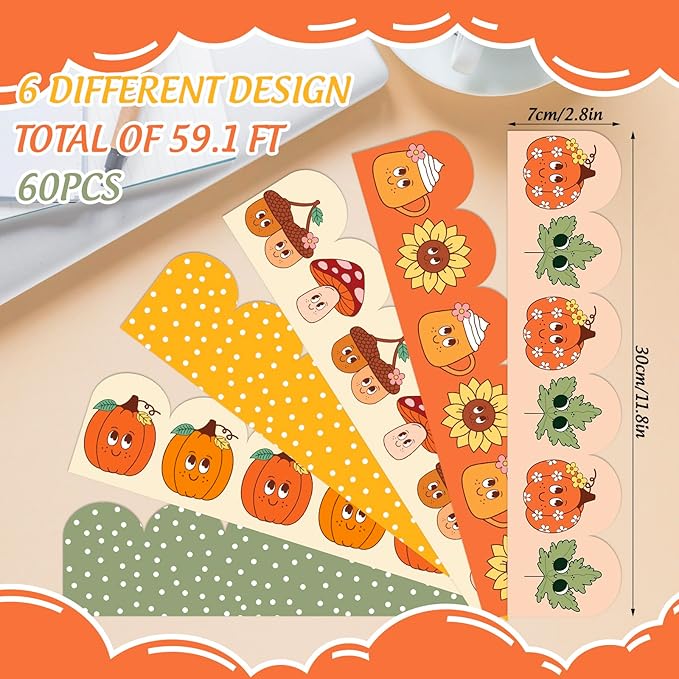 FYSUIMU 60 Pcs Fall Thanksgiving Cartoon Bulletin Board Borders Retro Pumpkin Leaves Mushroom Scalloped Border Trim Autumn Self-Adhesive Sticker for Harvest Party School Home Classroom Wall Decor