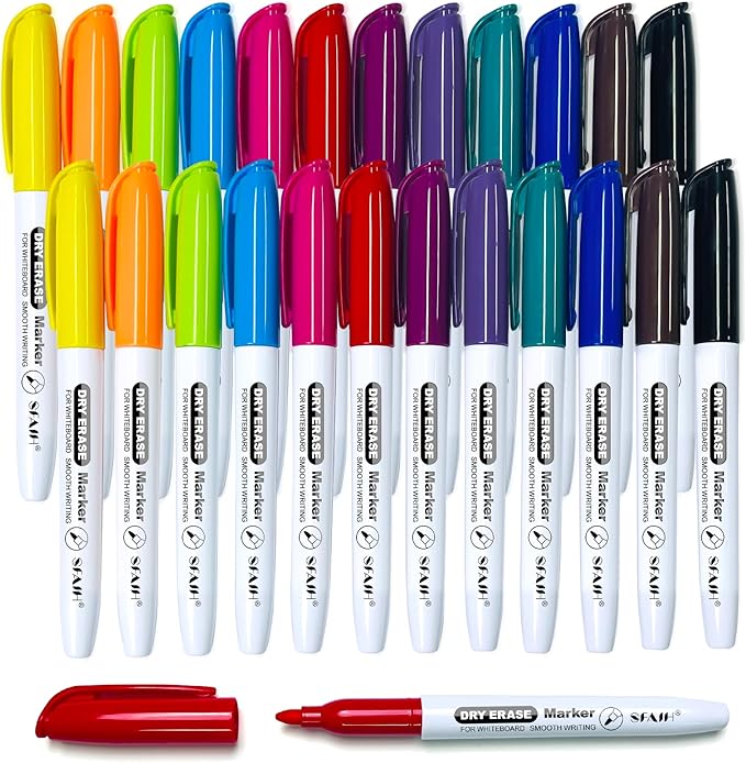 SFAIH Dry Erase Markers Fine tip 12 Colors, 24 Pack (2 Dozen) - Low Odor Whiteboard Markers for Office Teams, Study Groups, Home Schooling, Paper Markers for Kids | 5 Sizes:12/24/48/72/144 Packs