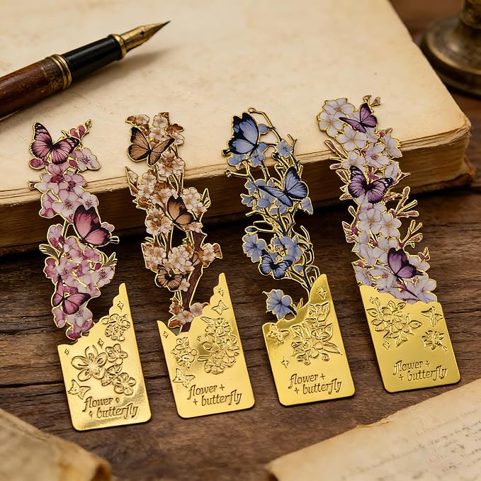 4 Pack Butterfly Flower Bookmarks - Hollow Metal Bookmarks for Book Lovers, Aesthetic Floral Book Markers, Durable Page Markers, Perfect Gift for Readers (Assorted Colors)