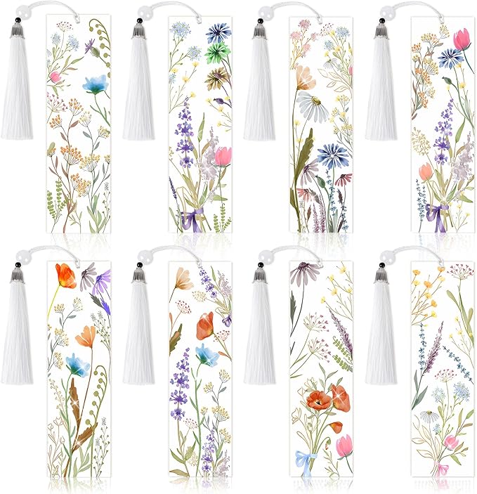 8 Pieces Christian Bible Verse Diamond Art Bookmarks 5d Christian Beaded Bookmark Acrylic Tassel Bookmark for DIY Making Beginners Adults Arts Craft Supplies (Wildflowers)