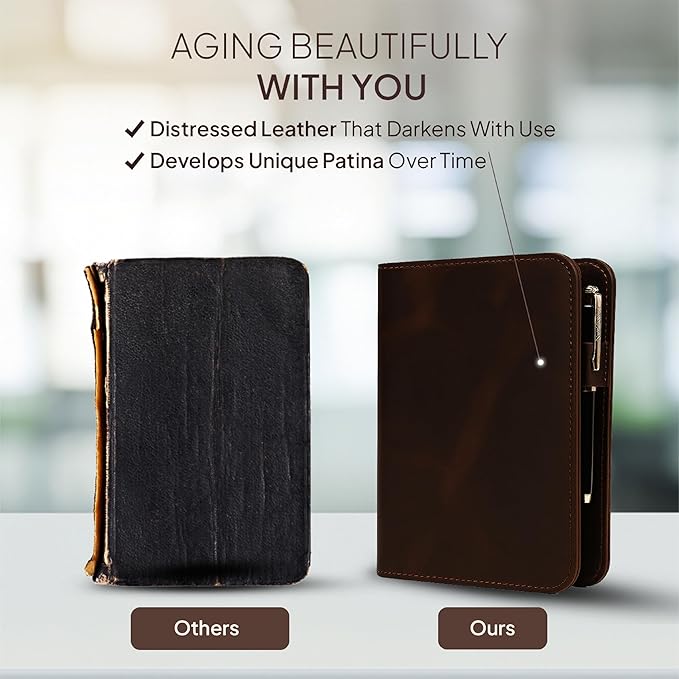 Genuine Leather A5 Journal Cover Refillable Notebook Cover, Fits 5.75 x 8.25 in, Card Slots Pocket & Pen Holder, Handmade Professional Leather Organizer for Men & Women, Travel & Work Diary Cover (Brown)