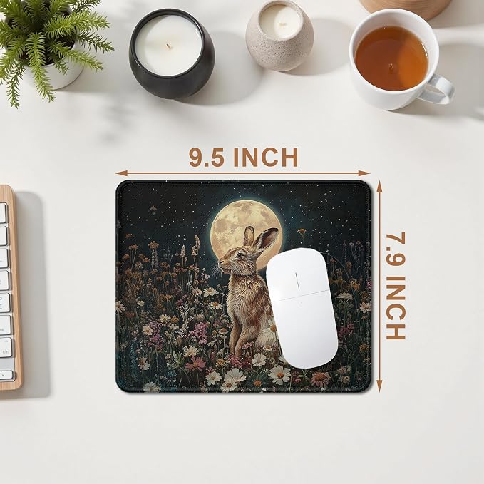 Vintage Floral Easter Bunny Full Moon Mouse Pad, Mystical Dark Cottagecore Wildflower Botanical Hare Mouse Pad for Home Office Computer Gaming Desk Accessories, 9.5x7.9 Inch