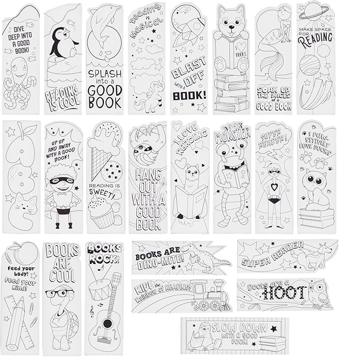 Juvale Bookmarks for Kids - 24-Pack, 2 x 6 in, White Cardstock - DIY Kit & Color Your Own Bookmarks with Bookworm Designs for Classroom Art & Party Favors