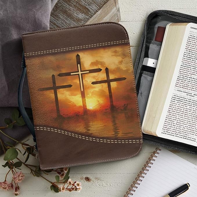 Vintage Sunrise and Cross Bible Case with Bookmark Waterproof Bible Cover Case for Women Lightweight Bible Bag with Handle Pockets Church Book Bag Brown