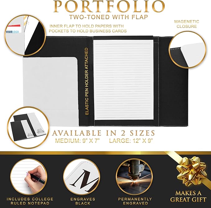 My Personal Memories Customized Portfolio with Custom Monogrammed Flap - Engraved Teacher, Student, Business, Man, Woman, Gift (White Flap)