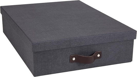Bigso Oskar Canvas Fiberboard Document Letter Box for Important Paperwork A4 or Letter Size - Durable Keepsake Box with Lid and Leather Handle - 3.3in x 10.2in x 13.8in - Black