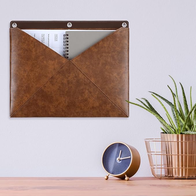 Huhumy Rustic Wall File Organizer Full Grain Leather Vintage Holder for Documents 3 Ring Binder Wall Mounted File Holder Hanging Leather Portfolio Organizer for Office Mail Letters Invoices Envelopes