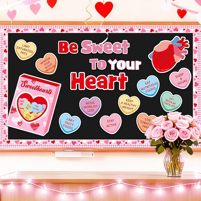JarThenaAMCS Valentine' s Day Health Habits Bulletin Board Set Conversation Heart Paper Cutouts Be Sweet to Your Heart Classroom Decorations for School Home Wall Door Decor Valentines Party Supplies