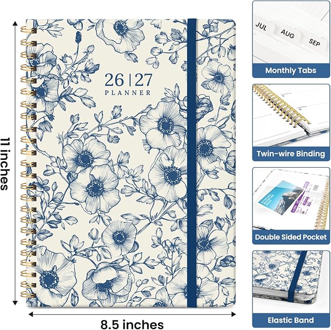 Planner 2026–2027, Weekly & Monthly Academic Organizer for School Year, Jul 2026–Jun 2027, Hardcover Planner with Tabs, Back to School Essential, 8.5" x 11", Porcelain Bloom