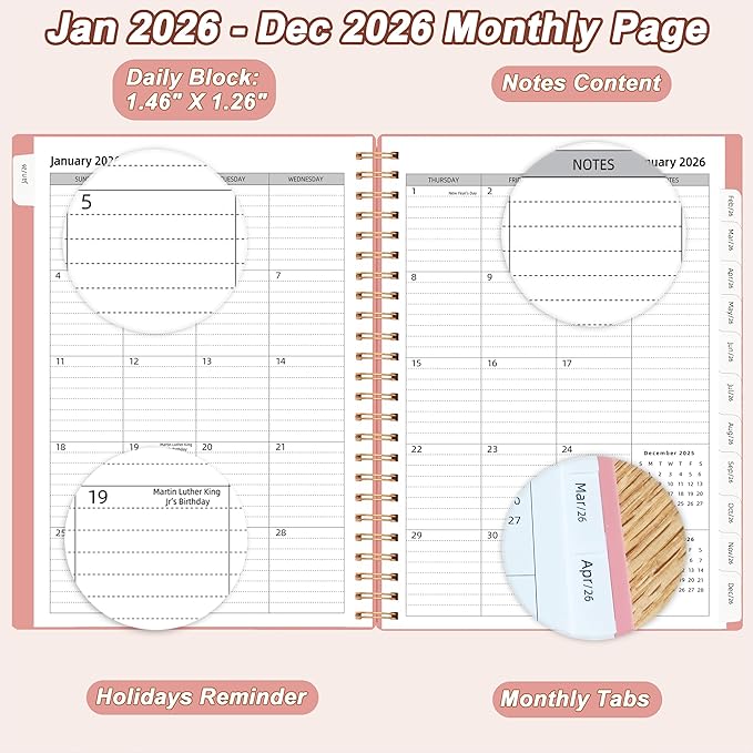 2026 Day Planner, Jan.2026-Dec.2026, 6.2" x 8.4", 2026 Planner Weekly and Monthly, 2026 Agenda Planner with Tabs & Pocket, 100GSM Thick Paper, Pink