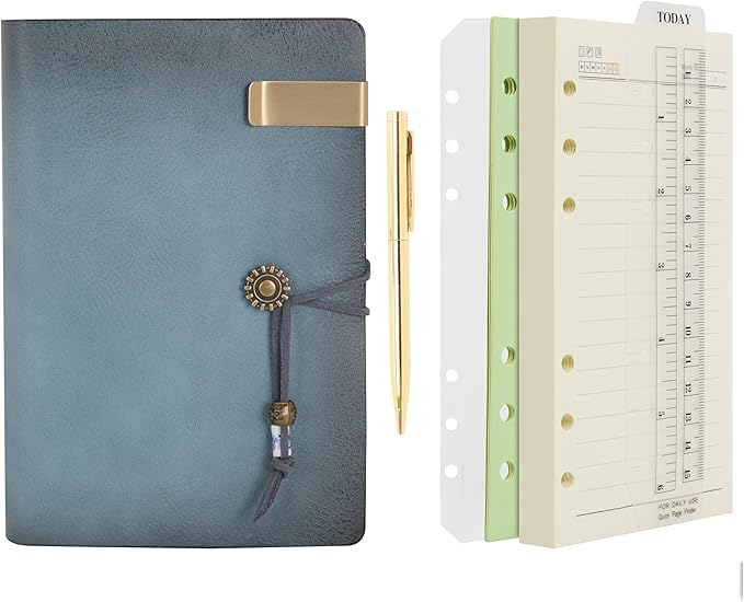 Wonderpool Leather Journal Lined Paper Notebook & Pen - Refillable 6 Ring Binder Writing Spiral Diary with Ruled Notepads Vintage Cover for Office Travel Work and Plan Agenda (A6, a-Cyan)