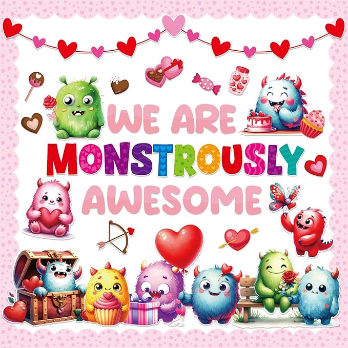 Fancy Land Valentine's Day Monster Bulletin Board Set for Classroom Decorations Valentine Monster Heart Cutouts for School Chalkboard Home Office Party Wall Door Decor Supplies 98Pcs