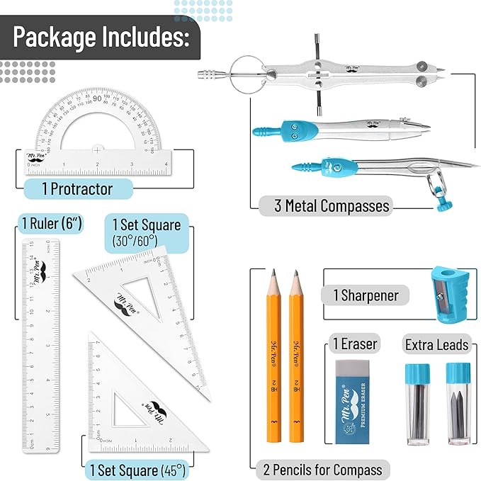 Mr. Pen 13 Piece Geometry Set with Shatterproof Storage Box, Blue